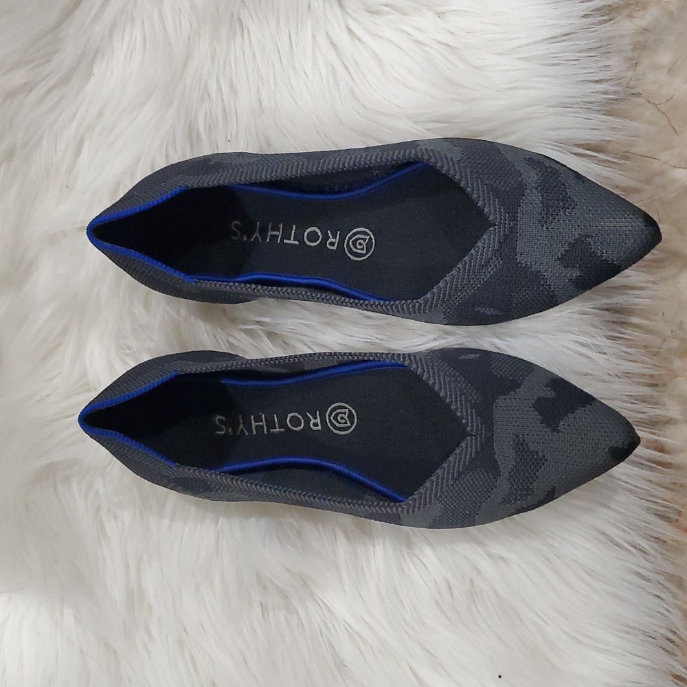 Rothy's The Point  Gray Camo  Flats with Sleek Pointed Toe and Blue Trim - Picture 3 of 16